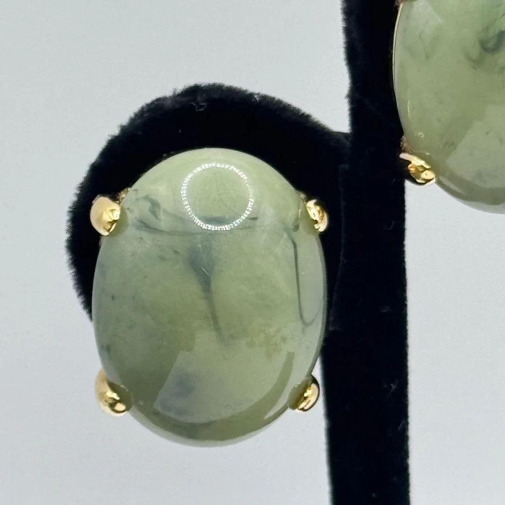 Joan Rivers Earrings Green Acrylic Cabochon Gold Tone Clip On